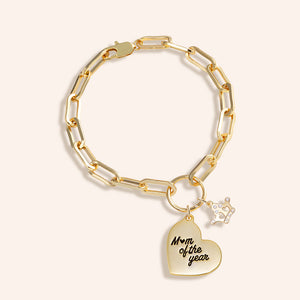 "Mom of the year" Multi Charm Thick Link Chain Bracelet Set - Heart & Crown Charms