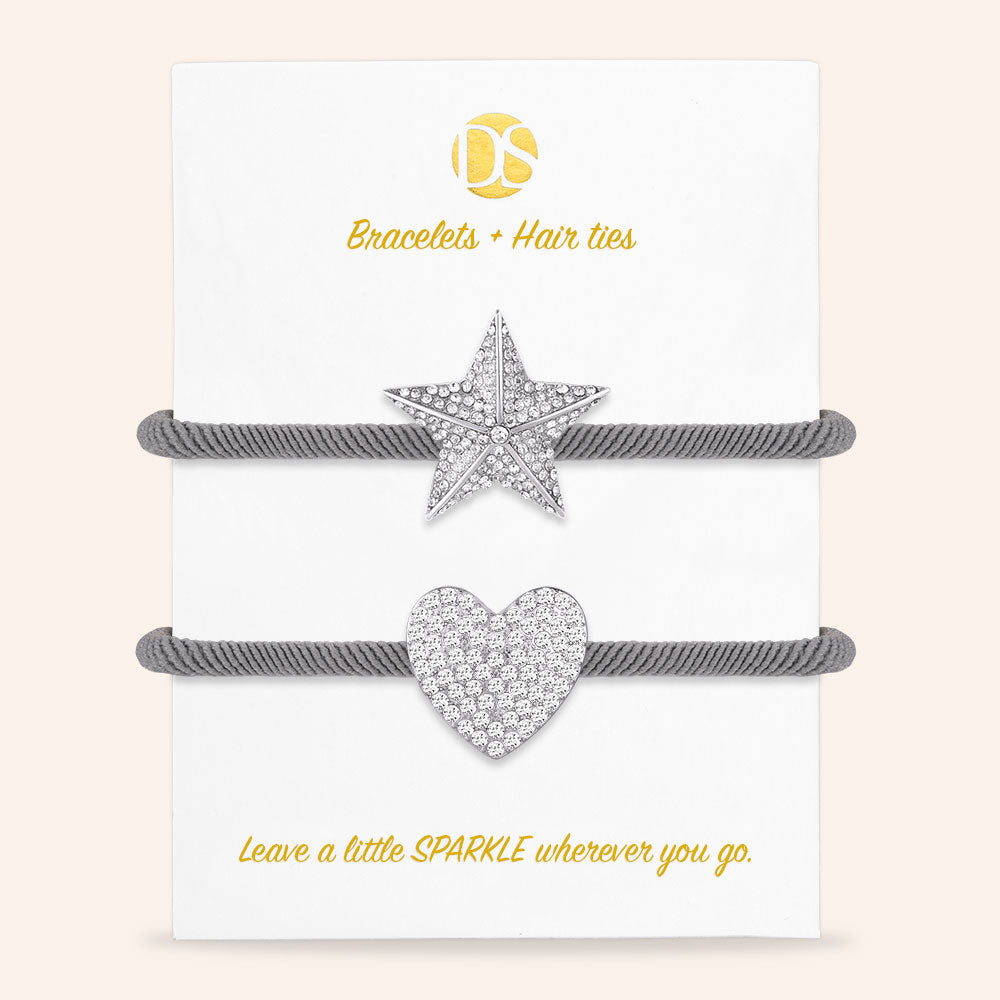 "Time to Sparkle" Set of 2 Pave Heart and Star Hair Ties & Bracelet Jewels