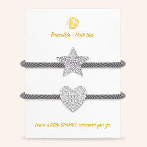 "Time to Sparkle" Set of 2 Pave Heart and Star Hair Ties & Bracelet Jewels