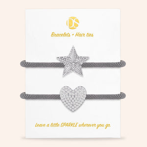 "Time to Sparkle" Set of 2 Pave Heart and Star Hair Ties & Bracelet Jewels
