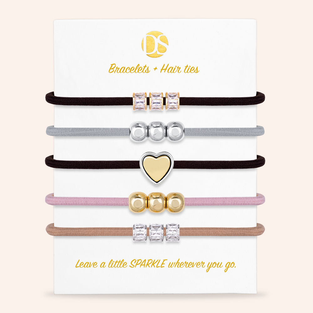 "Heart of Gold" Two-Tone Set of 5 Hair Ties & Bracelet Jewels