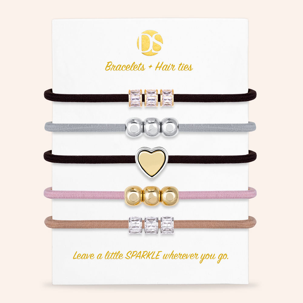 "Heart of Gold" Two-Tone Set of 5 Hair Ties & Bracelet Jewels