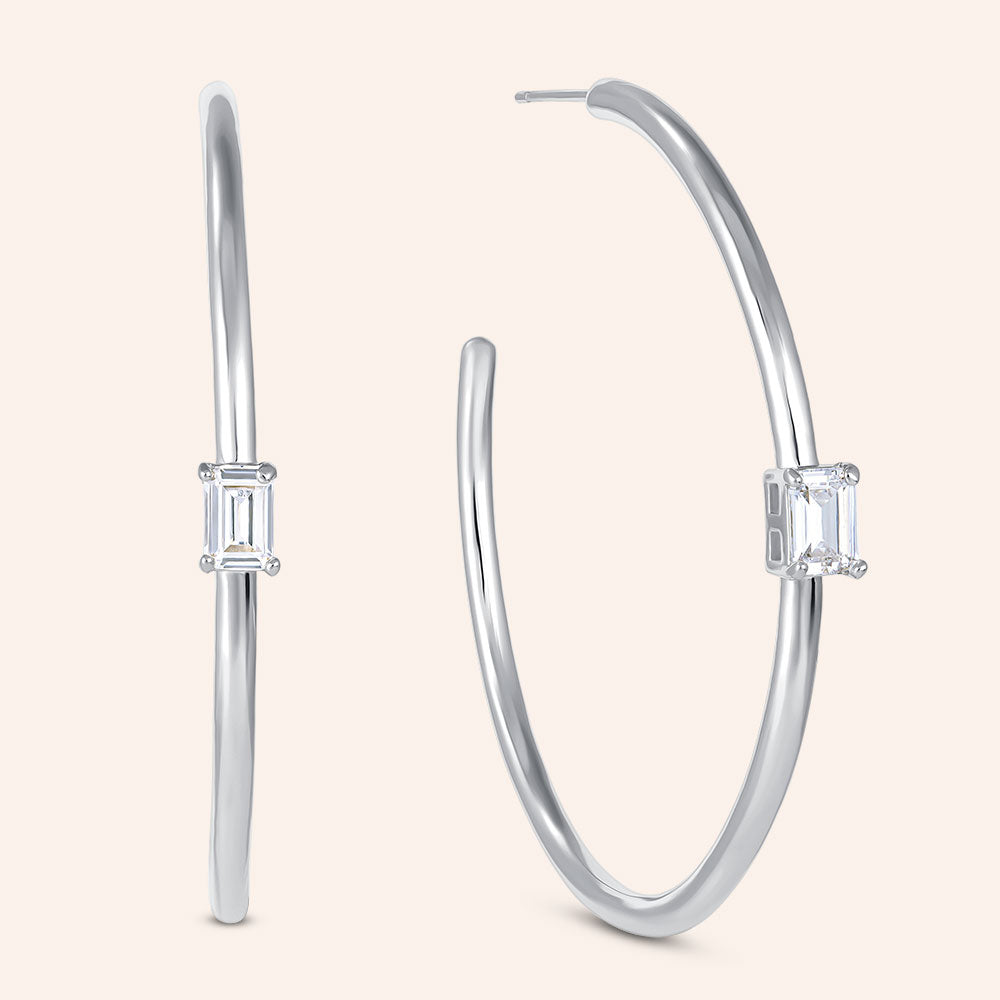 "For a Lifetime" Emerald Cut Highly Polished 2" Hoop Earrings