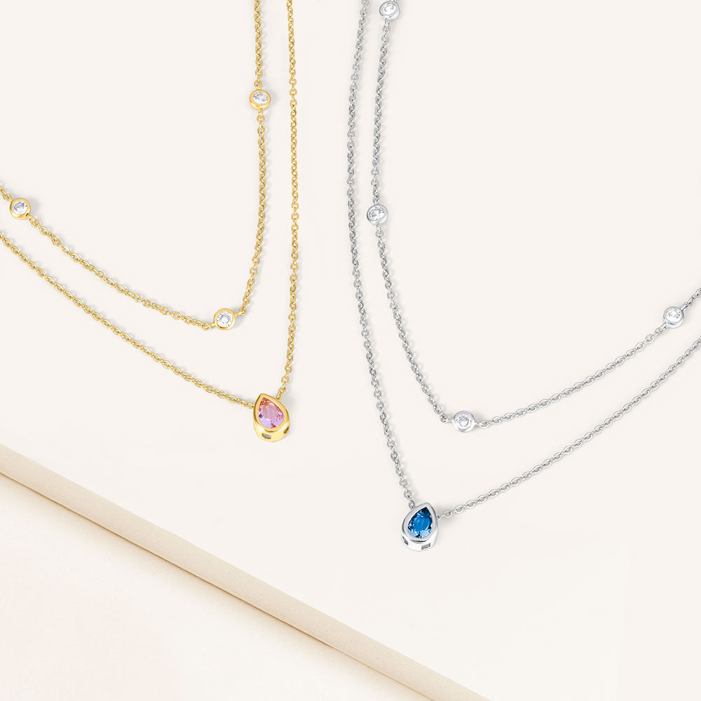 "Keepsakes" Set of Two Pear Cut Birthstone & Station Layering Necklaces