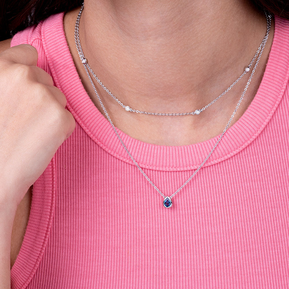 "Keepsakes" Set of Two Pear Cut Birthstone & Station Layering Necklaces