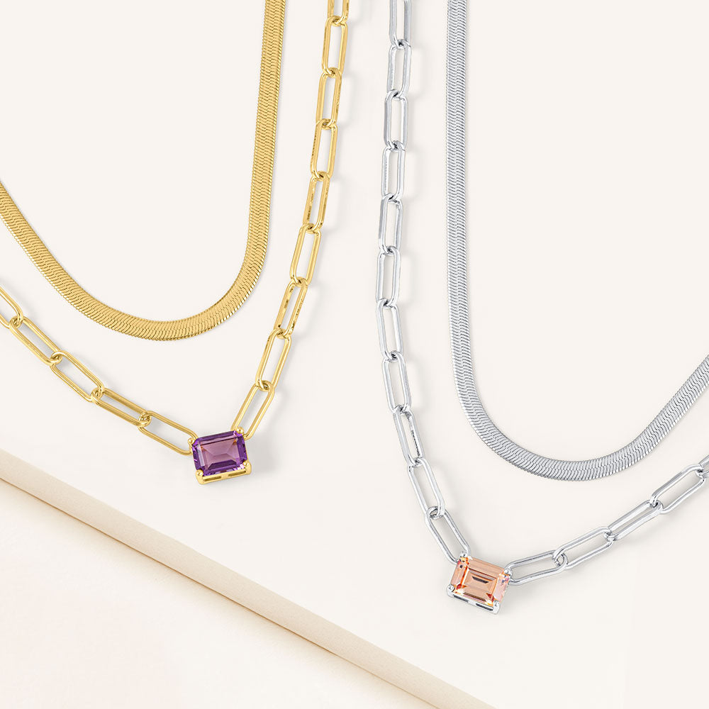 "Personal Touch" Set of Two Emerald Cut Birthstone Clip Chain & Herringbone Layering Necklaces