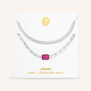 "Personal Touch" Set of Two Emerald Cut Birthstone Clip Chain & Herringbone Layering Necklaces