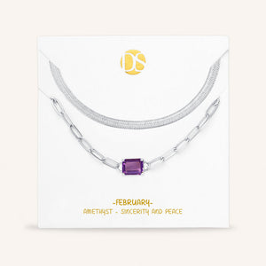 "Personal Touch" Set of Two Emerald Cut Birthstone Clip Chain & Herringbone Layering Necklaces