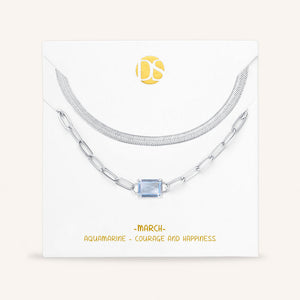 "Personal Touch" Set of Two Emerald Cut Birthstone Clip Chain & Herringbone Layering Necklaces