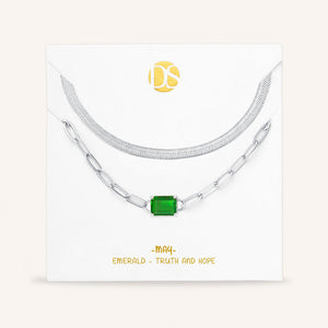 "Personal Touch" Set of Two Emerald Cut Birthstone Clip Chain & Herringbone Layering Necklaces