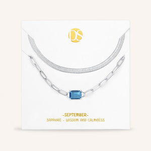 "Personal Touch" Set of Two Emerald Cut Birthstone Clip Chain & Herringbone Layering Necklaces