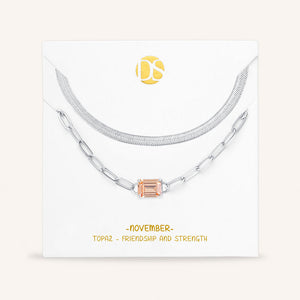 "Personal Touch" Set of Two Emerald Cut Birthstone Clip Chain & Herringbone Layering Necklaces