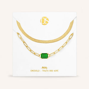"Personal Touch" Set of Two Emerald Cut Birthstone Clip Chain & Herringbone Layering Necklaces