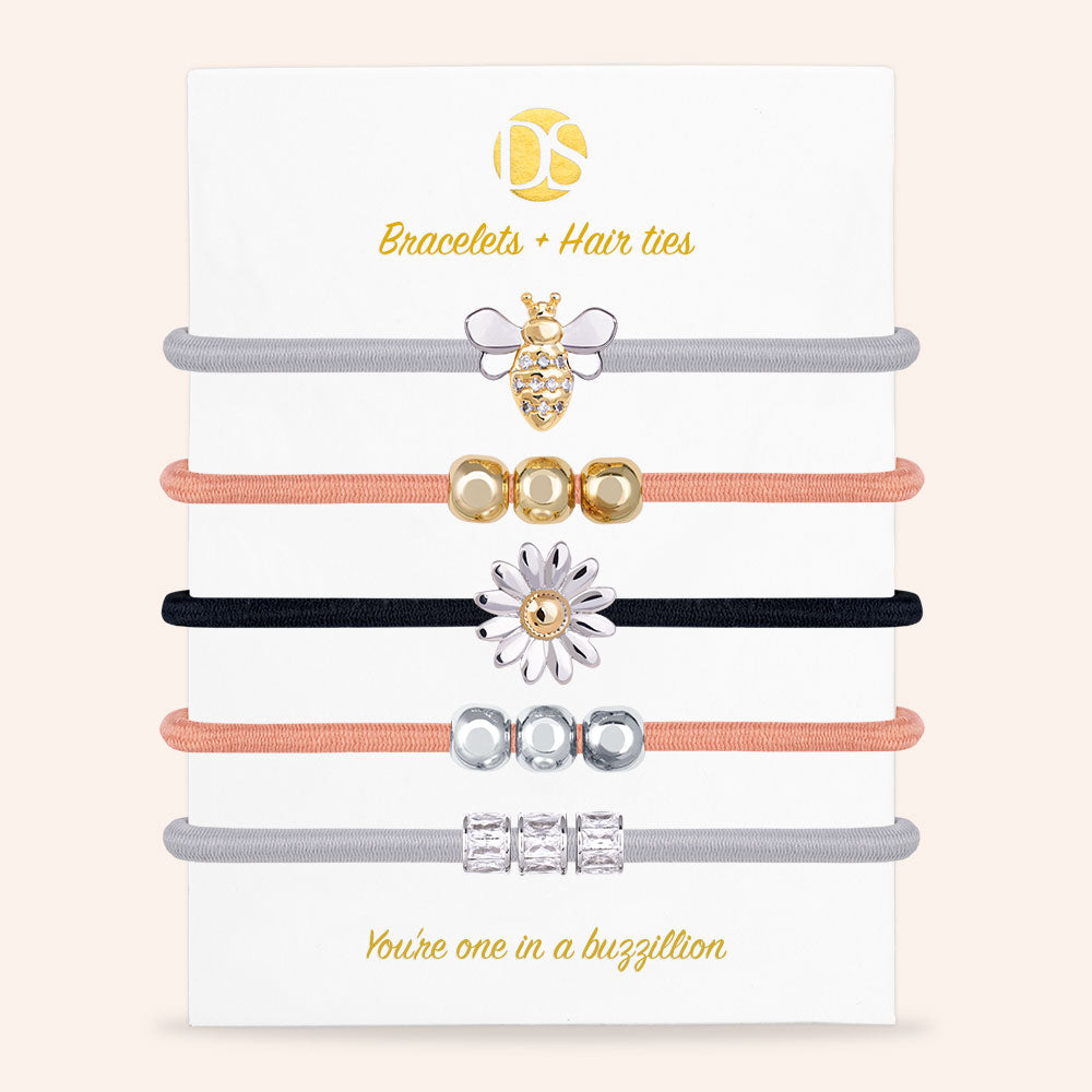 "Bee Happy" Two-Tone Set of 5 Hair Ties & Bracelet Jewels