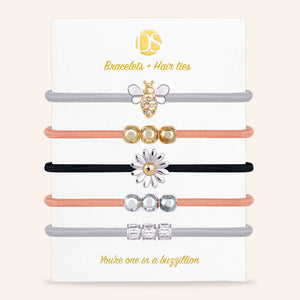 "Bee Happy" Two-Tone Set of 5 Hair Ties & Bracelet Jewels