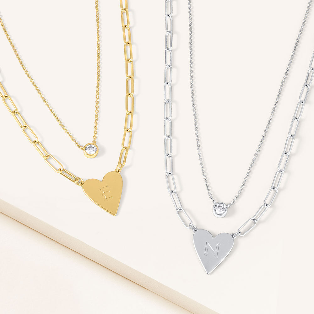 "Initial This" Set of Two Initial Heart & Solitaire Layering Necklaces