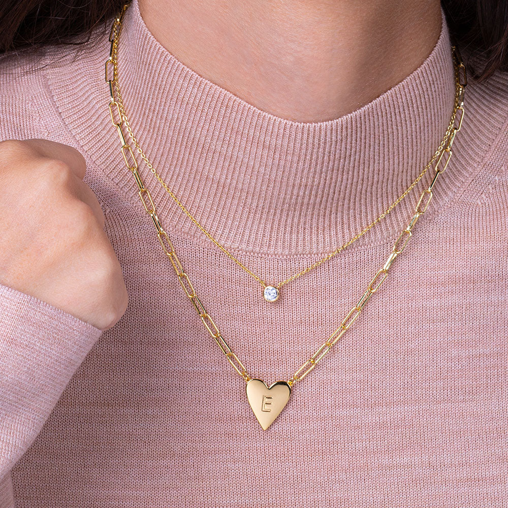 "Initial This" Set of Two Initial Heart & Solitaire Layering Necklaces