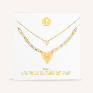 "Initial This" Set of Two Initial Heart & Solitaire Layering Necklaces