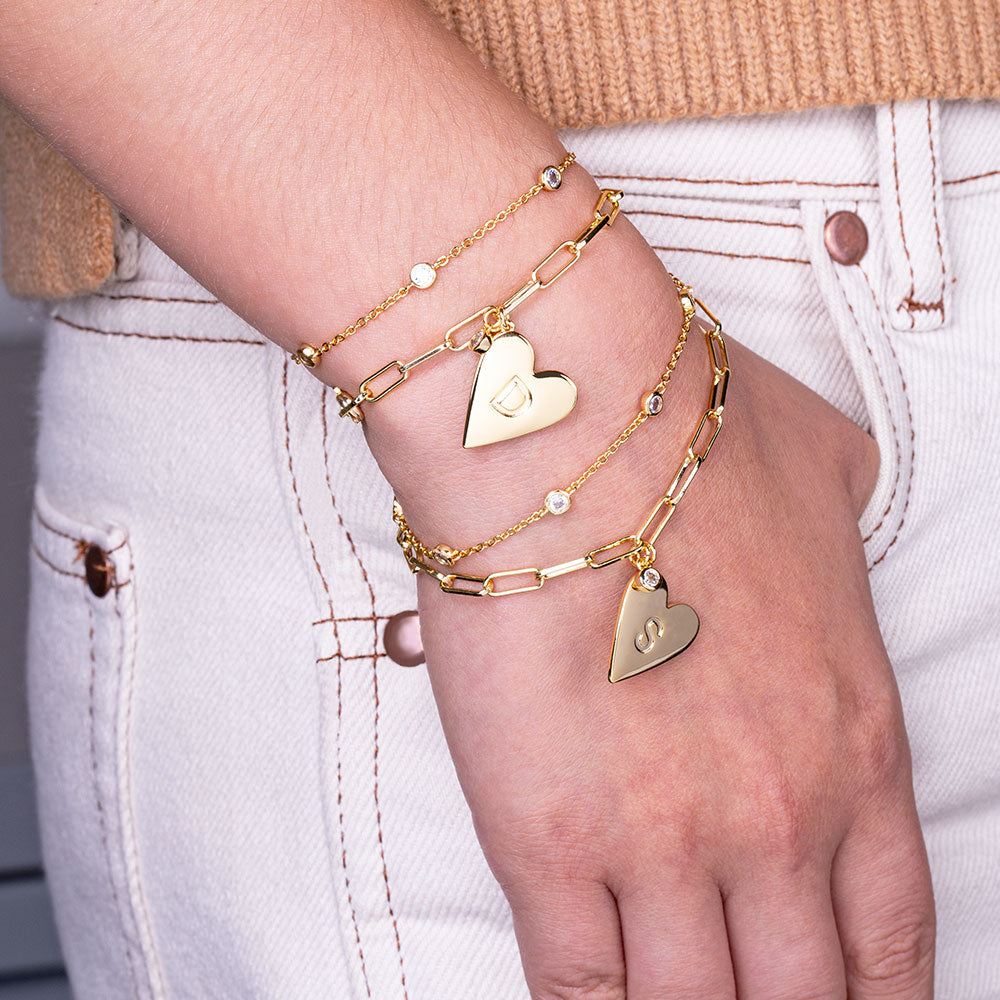 "Initial This" Set of Two Initial Heart & Stationed Layering Bracelets