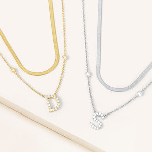 "Ready-Set-Sparkle" Set of Two Pave Initial & Herringbone Layering Necklaces