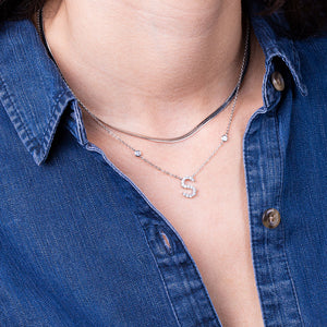 "Ready-Set-Sparkle" Set of Two Pave Initial & Herringbone Layering Necklaces