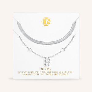 "Ready-Set-Sparkle" Set of Two Pave Initial & Herringbone Layering Necklaces