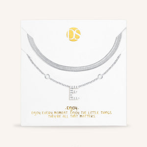 "Ready-Set-Sparkle" Set of Two Pave Initial & Herringbone Layering Necklaces