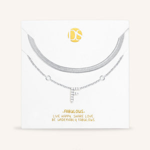 "Ready-Set-Sparkle" Set of Two Pave Initial & Herringbone Layering Necklaces