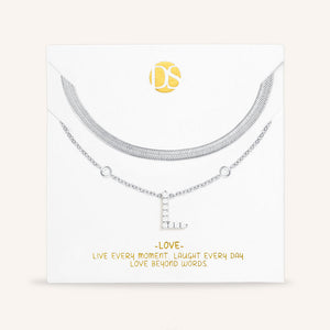 "Ready-Set-Sparkle" Set of Two Pave Initial & Herringbone Layering Necklaces