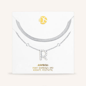 "Ready-Set-Sparkle" Set of Two Pave Initial & Herringbone Layering Necklaces