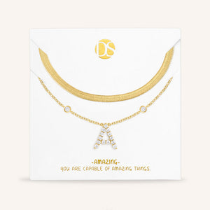 "Ready-Set-Sparkle" Set of Two Pave Initial & Herringbone Layering Necklaces