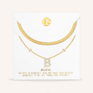 "Ready-Set-Sparkle" Set of Two Pave Initial & Herringbone Layering Necklaces