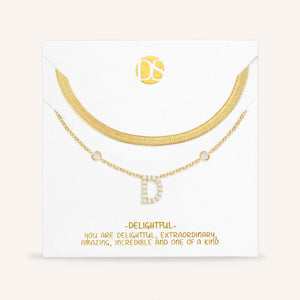 "Ready-Set-Sparkle" Set of Two Pave Initial & Herringbone Layering Necklaces