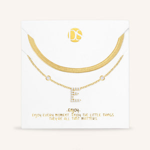 "Ready-Set-Sparkle" Set of Two Pave Initial & Herringbone Layering Necklaces