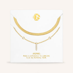 "Ready-Set-Sparkle" Set of Two Pave Initial & Herringbone Layering Necklaces