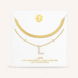 "Ready-Set-Sparkle" Set of Two Pave Initial & Herringbone Layering Necklaces