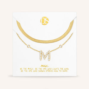 "Ready-Set-Sparkle" Set of Two Pave Initial & Herringbone Layering Necklaces