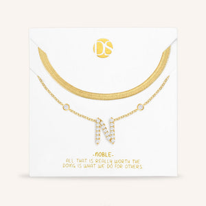 "Ready-Set-Sparkle" Set of Two Pave Initial & Herringbone Layering Necklaces