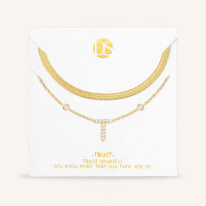 "Ready-Set-Sparkle" Set of Two Pave Initial & Herringbone Layering Necklaces