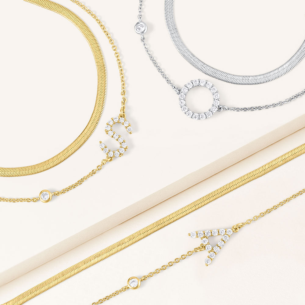 "Ready-Set-Sparkle" Set of Two Pave Initial & Herringbone Layering Bracelets