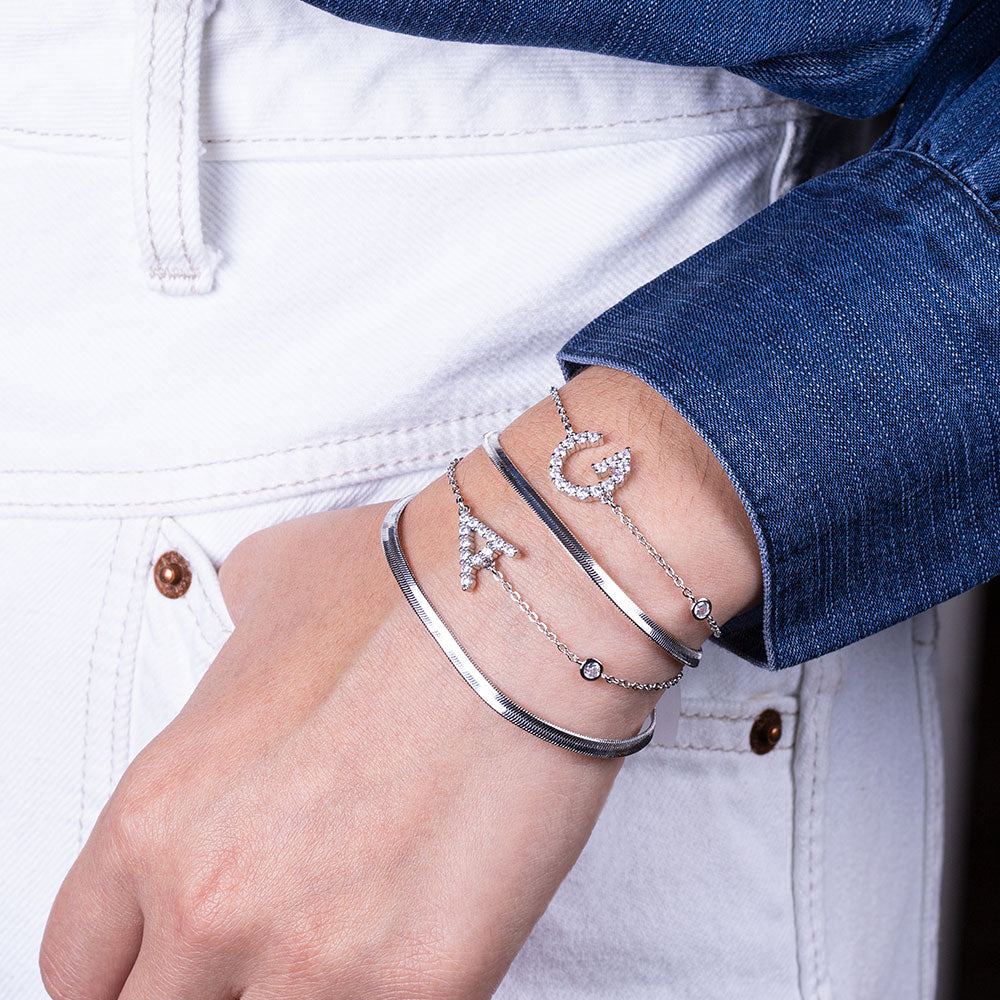 "Ready-Set-Sparkle" Set of Two Pave Initial & Herringbone Layering Bracelets