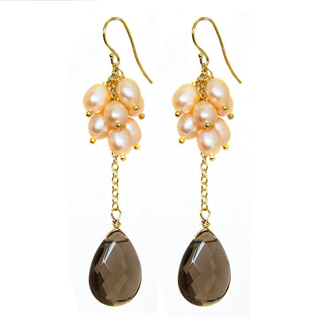 Pink Freshwater Pearl Faceted Smokey Quartz Semi Precious Stone 18K Gold over Sterling Silver Drop Earrings