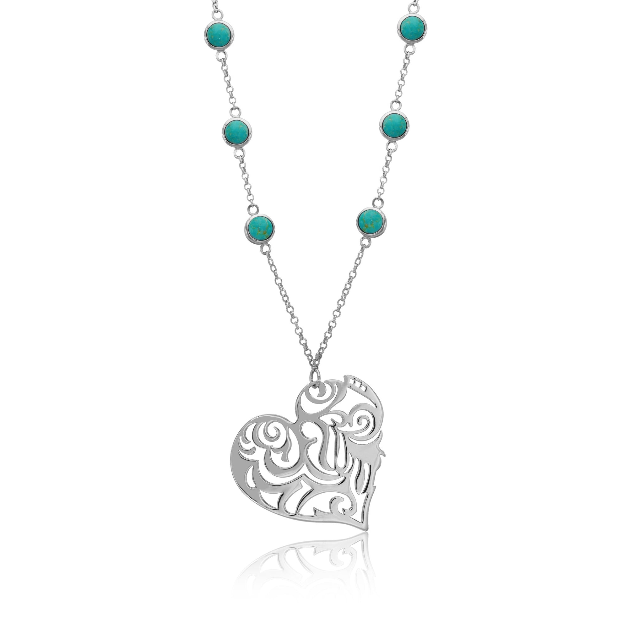 Rhodium Plated Sterling Silver, Turquoise, Sacred Heart Necklace