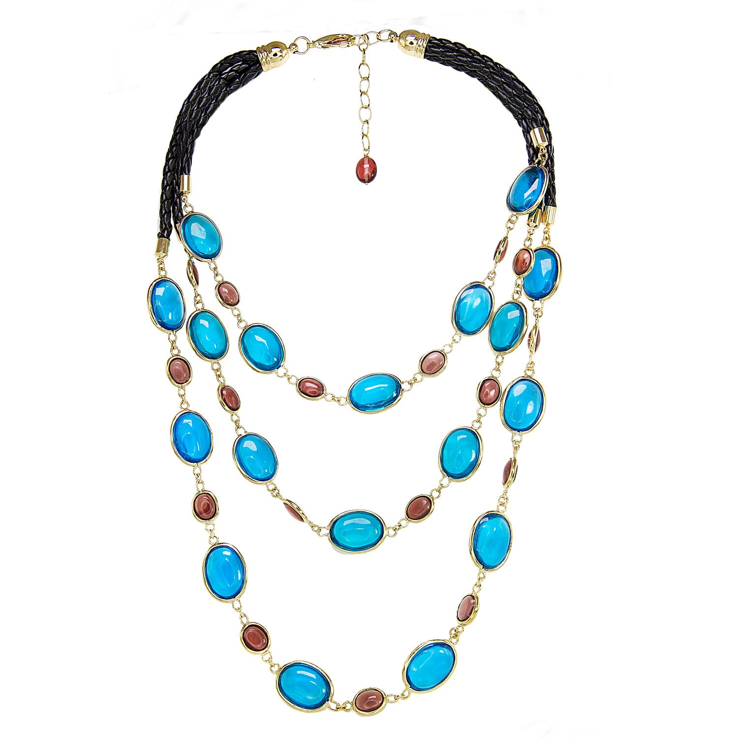 "Candy" Faceted Crystals Amethysts and Blue  3 Rows Statement Necklace / Gold Tone