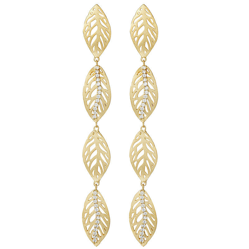 18K YG Plated Brass Clear CZ Falling Leaves Linear
