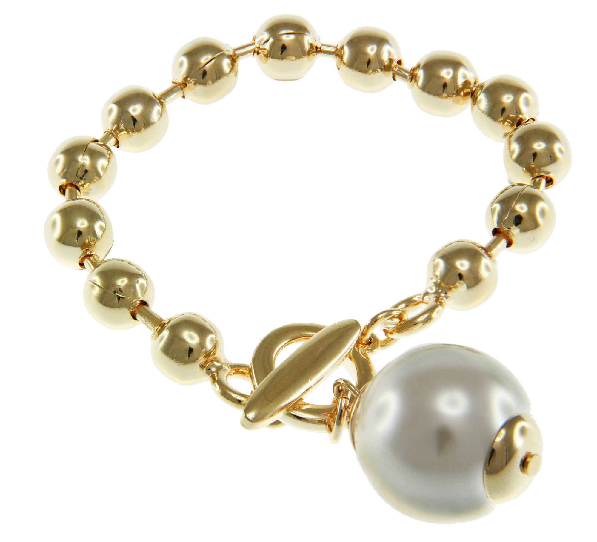 18K YG Plated Glass Pearl Charm Toggle Bracelet