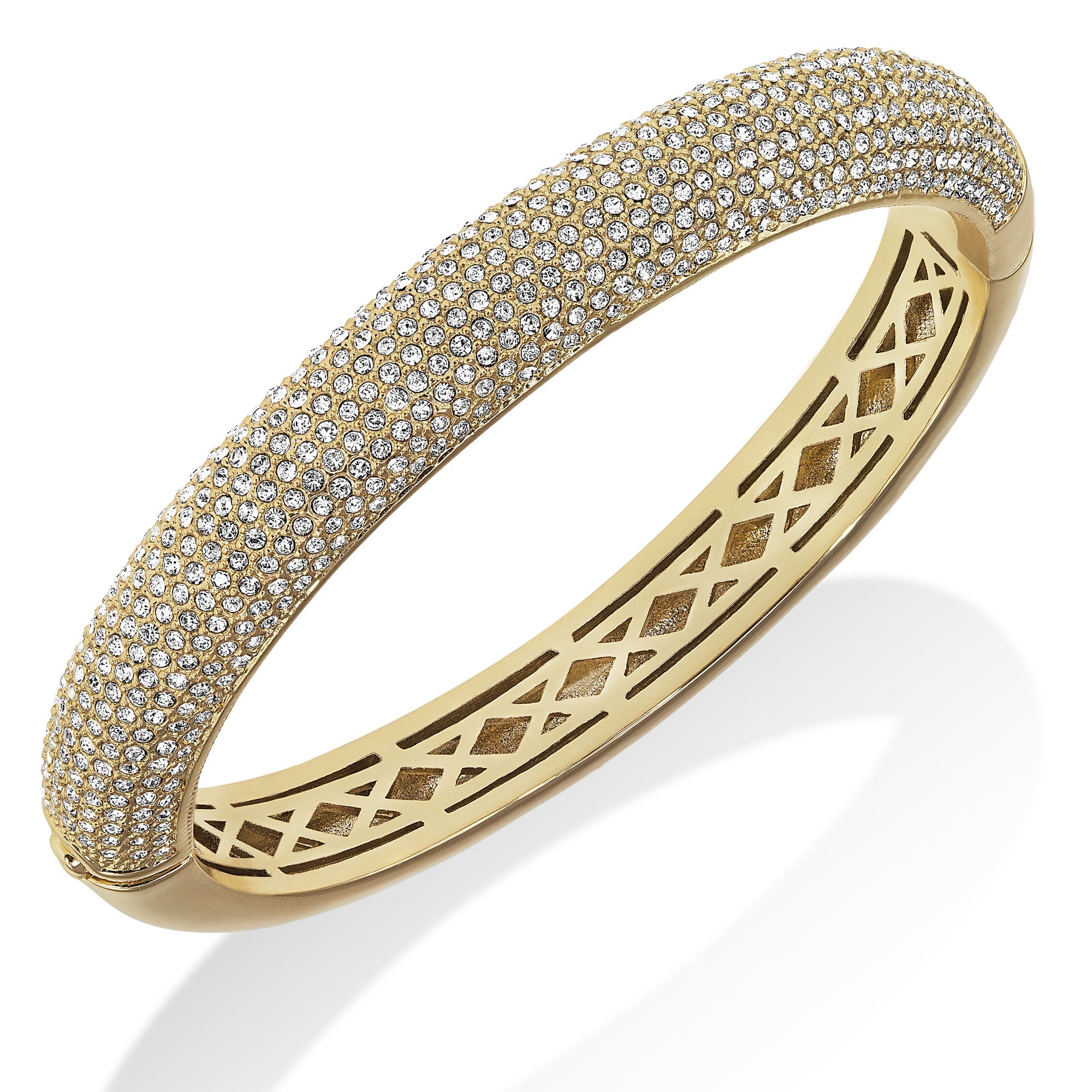 10-Row 18K Gold Plated Clear Pave Crystal Hinged Bangle Bracelet