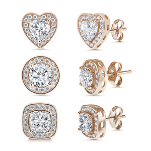 “Three ways to Glam” 18K Silver / Rose Gold Platied over  Sterling Silver 2-2.5ct Set of 3 Post Earrings