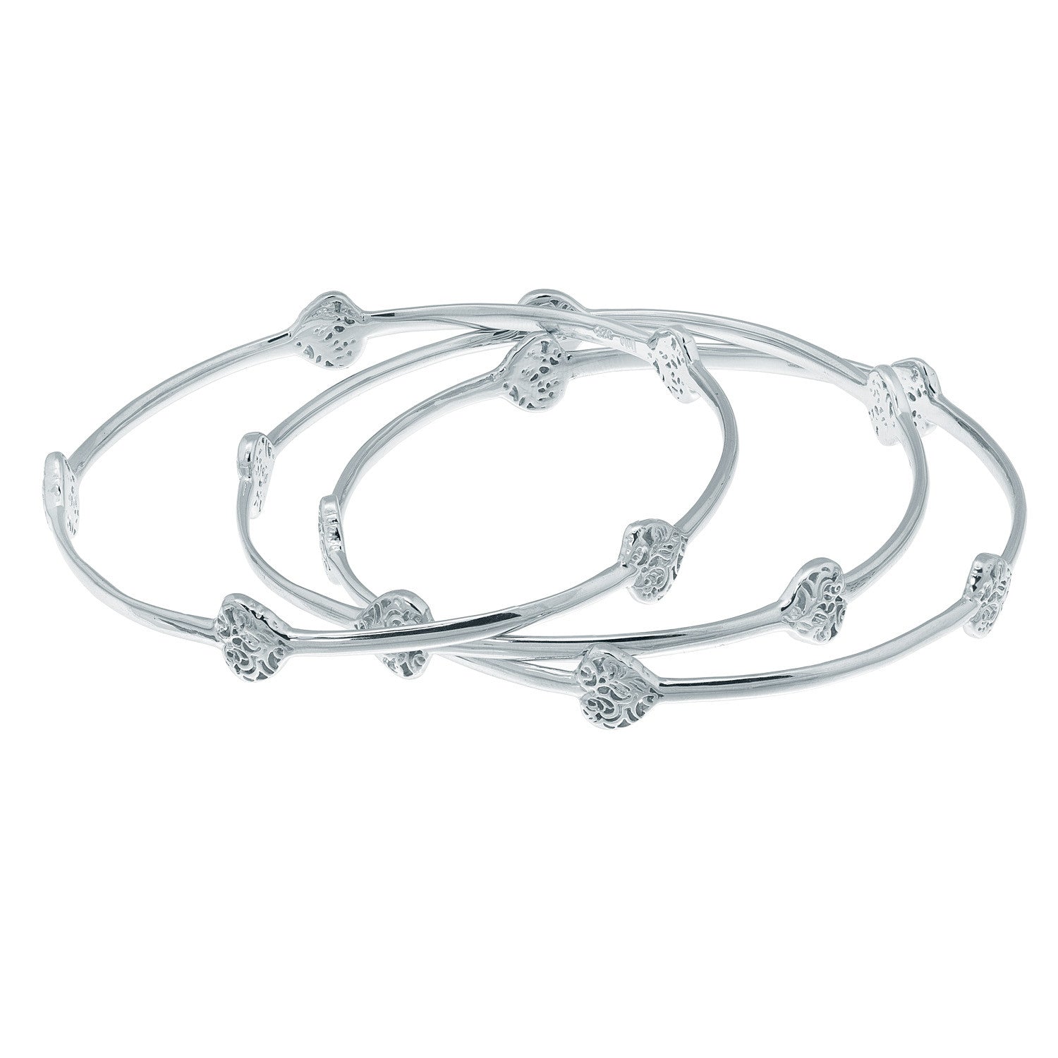 Set Of Three, Rhodium Plated Sterling Silver Sacred Heart Bangles